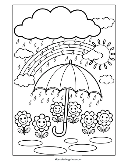 April Showers Coloring Page With A Cloud, Raindrops, A Bright Sun, And Cheerful Flowers Under An Umbrella.