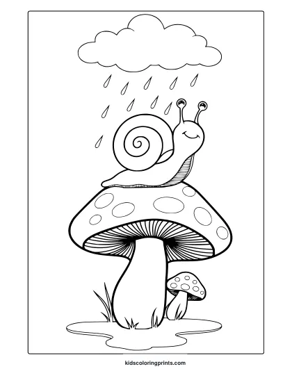 April Mushroom Coloring Page With A Happy Snail Sitting On A Mushroom, Enjoying The Rain.