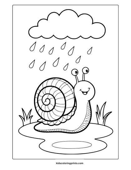 April Rain Coloring Page Featuring A Happy Snail In A Puddle, Enjoying The Gentle Rain.