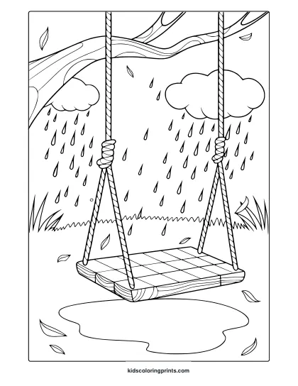 April Rain Swing Coloring Page With A Peaceful Swing Under A Rainy Sky, Surrounded By Puddles.