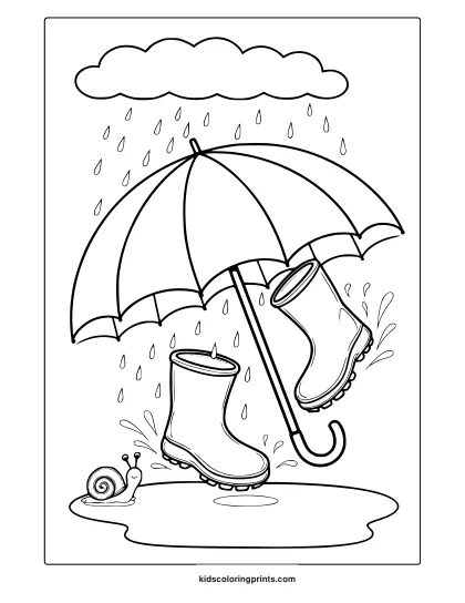 April Rain Coloring Page Featuring An Umbrella, Splashing Rain Boots, And Falling Raindrops.