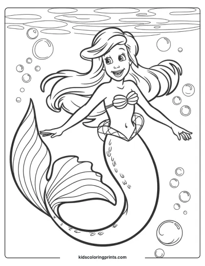 Ariel Swimming Underwater With A Shimmering Tail And Surrounded By Bubbles In This Coloring Page.