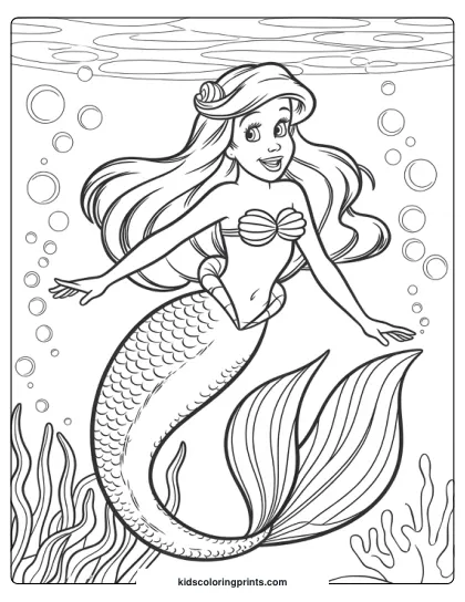 Ariel Swimming Underwater With A Detailed Tail, Bubbles, And Coral In This Vibrant Coloring Page.