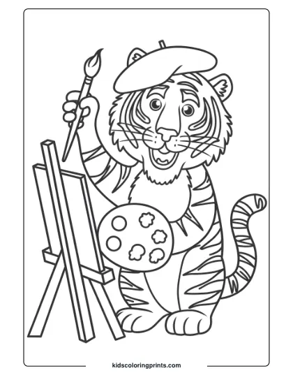 Artist Tiger Coloring Page Featuring A Tiger Holding A Brush And Palette, Standing By A Blank Canvas.