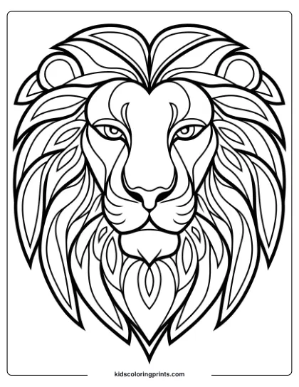 A Stylized Lion Face With Intricate Mandala Patterns, A Unique And Creative Lion Coloring Page For Kids.
