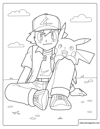 Pokemon Coloring Page Showing Ash Sitting On Grass With Cheerful Pikachu By His Side.