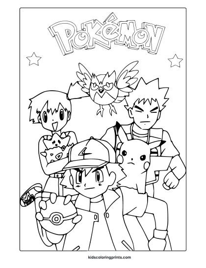 Ash With Brock, Misty, And Pikachu In A Team Pose On A Character Filled Pokémon Coloring Page.