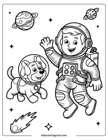 Coloring Page Of An Astronaut And A Joyful Space Dog In Outer Space, Surrounded By Stars And Planets.
