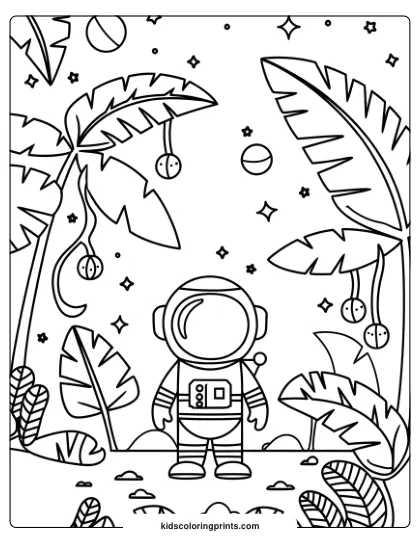 Coloring Page Of An Astronaut Exploring A Jungle Planet With Tropical Plants And A Starry Sky.