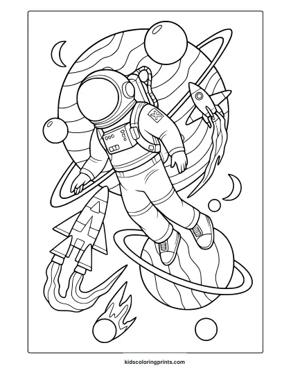 Astronaut With Helmet Near Planets Rockets And Moons. Adventurous Astronaut Coloring Page For Young Explorers.