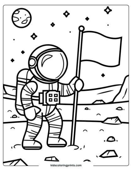 Coloring Page Of An Astronaut Planting A Flag On Mars, With A Starry Sky And Celestial Bodies In The Background.