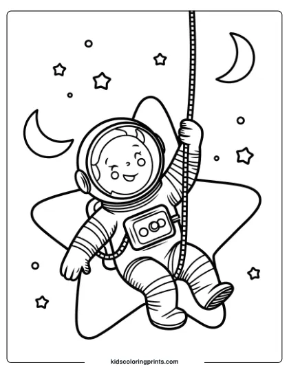 Coloring Page Of An Astronaut Swinging From A Star With Moons And Stars Around, Perfect For A Whimsical Space Theme.