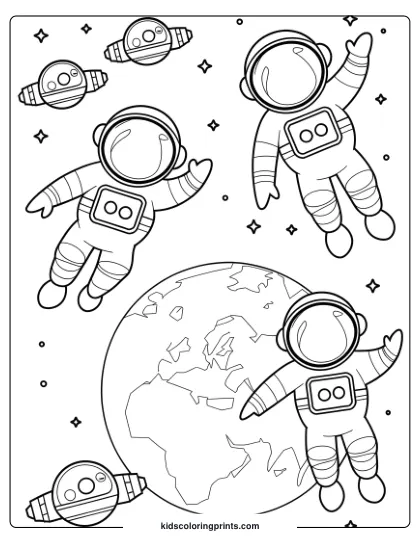 Coloring Page Of Astronauts And Spaceships In Orbit Above Earth, Creating A Dynamic Outer Space Adventure.