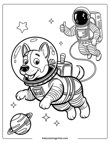 Coloring Page Of An Astronaut And A Pet Dog In Space Suits, Floating In A Cosmic Setting With Stars And A Ringed Planet.