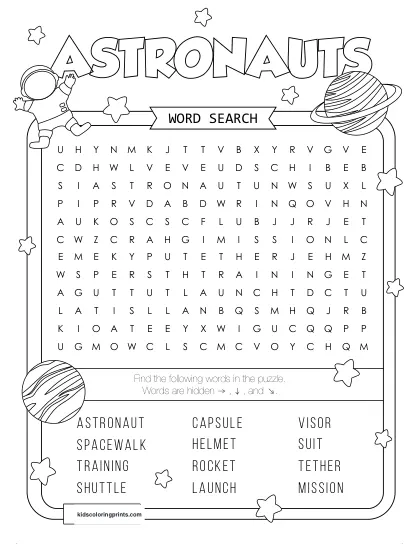 Free Printable Astronauts Word Search Puzzle With 12 Words From Astronaut To Rocket.