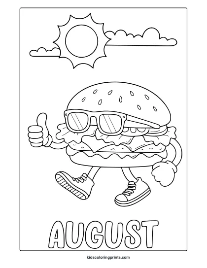 Coloring Page Of A Cartoon Burger Character With Sunglasses And Sun, Perfect For Summer August Fun.
