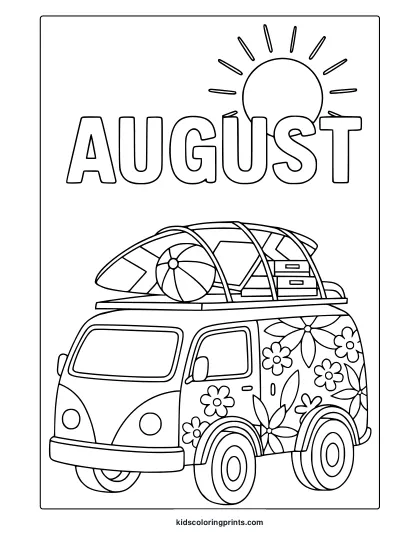 Coloring Page Of A Vintage Bus With A Surfboard, Flowers, And Sun, Perfect For An August Beach Vibe.