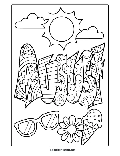 Coloring Page With Sun, Clouds, Sunglasses, Flower, And Ice Cream Around Summer Text For August Coloring.