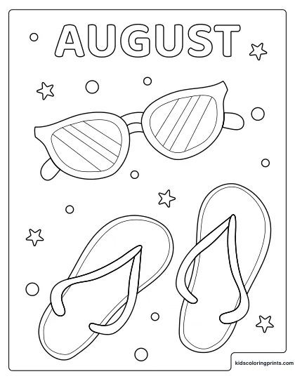 August Coloring Page Showing Flip Flops And Sunglasses With Stars Around Them.