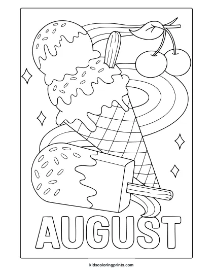 Coloring Page With Melting Ice Cream, Sprinkles, Cherries, And Stars For A Sweet August-Themed Design.