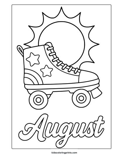 Coloring Page Featuring A Roller Skate, Stars, Sun, And August Text In A Bold, Summer Roller Theme.