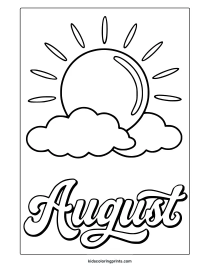 Coloring Page With Stylized Sun, Clouds, And Cursive August Text In A Clean And Modern Design.