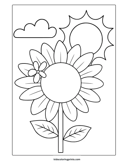 Coloring Page With A Sunflower, Daisy, Sun, And Cloud, Drawn In Bold Lines For A Relaxing August Activity.