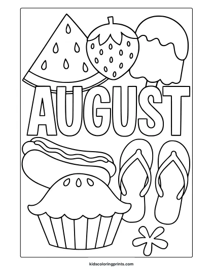 Coloring Page Featuring Watermelon, Pie, Hot Dog, Cupcake, And Flip Flops For A Fun August-Themed Design.