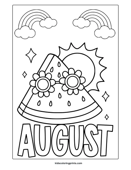 Coloring Page With Watermelon, Sunflowers, Daisies, Sun, And Rainbows In A Vibrant August Summer Scene.