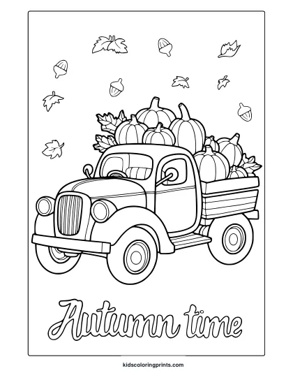 Farmers Truck Carrying Pumpkins And Fall Leaves With Autumn Time Text In A Coloring Page.