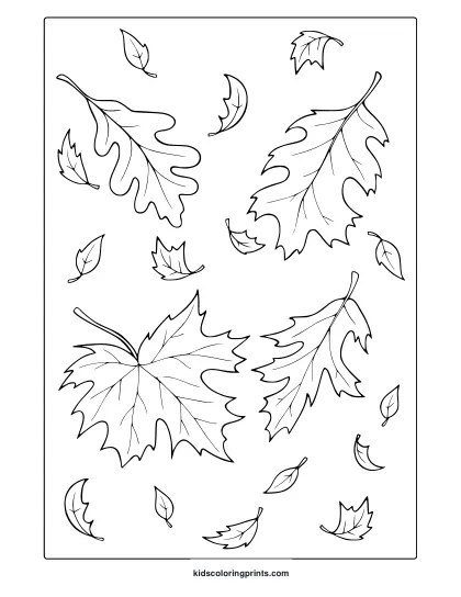 Maple Leaves Falling In Detailed Line Art, Autumn Leaves Coloring Page For Kids And Adults.