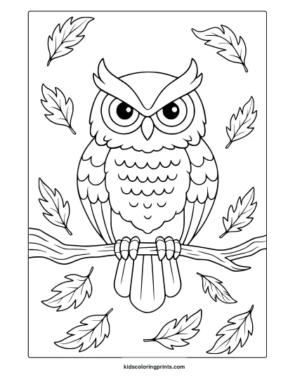 Owl On Branch With Maple Leaves In A Black And White Autumn Owl Coloring Page.