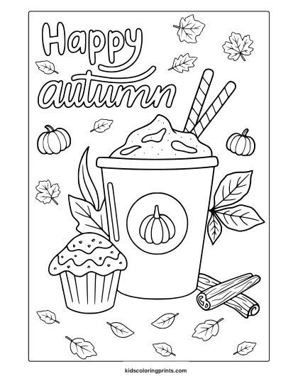 Pumpkin Spice Coffee Cup, Cupcake, Leaves, And Cinnamon In A Cozy Autumn Coloring Page.