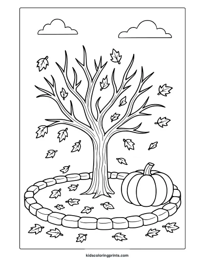 Autumn Tree With Falling Maple Leaves, Pumpkin, And Stone Path In A Seasonal Coloring Page.
