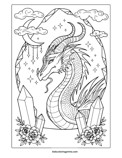 An Awesome Dragon Coloring Page Featuring A Mystical Dragon With Stars, Clouds, And Crystals, Perfect For Artistic Coloring.