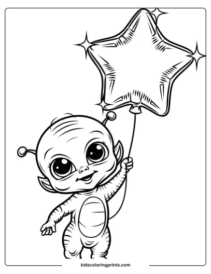 Coloring Page Of A Baby Alien Holding A Star Balloon, With Expressive Eyes And Antennas, In A Cosmic Setting.