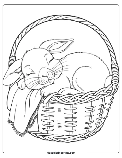 Coloring Page Of A Baby Bunny Sleeping In A Basket, Creating A Serene And Cozy Coloring Scene.
