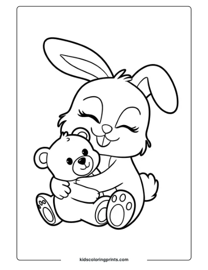 Coloring Page Of A Baby Bunny Snuggling With A Teddy Bear, Creating A Cozy And Heartwarming Scene.