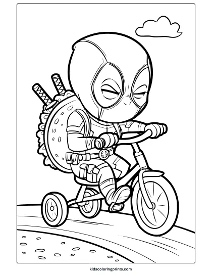 Baby Deadpool Coloring Page Featuring The Superhero On A Tricycle With A Backpack, Great For Kids’ Fun Coloring Sessions.