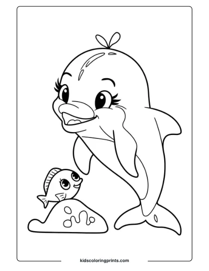 A Baby Dolphin And Fish Playing Peek-A-Boo In A Cute And Fun Coloring Page Scene.