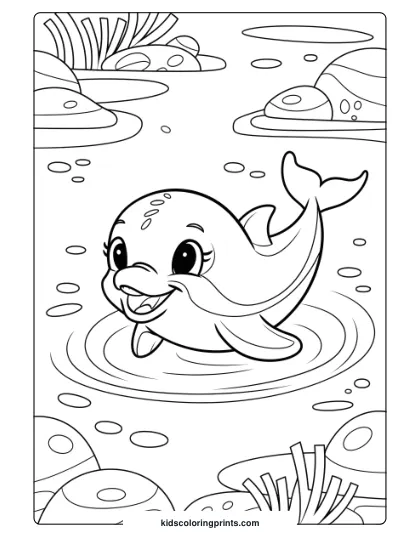 A Baby Dolphin In A Shallow Lagoon, Perfect For A Serene And Engaging Coloring Page.