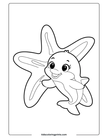 A Baby Dolphin With A Gigantic Starfish, An Adorable Scene For A Coloring Page.