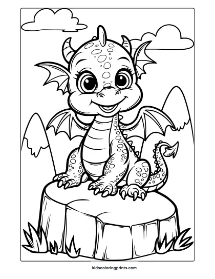 A Baby Dragon Coloring Page Featuring An Adorable Dragon With Small Wings And Big Eyes, Sitting On A Rocky Surface.