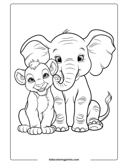Coloring Page Of A Baby Elephant And A Friendly Lion Cub.