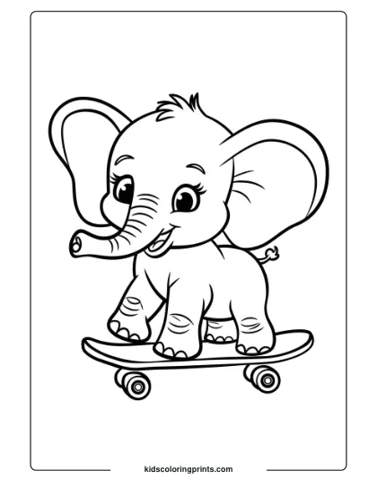 Coloring Page Of A Baby Elephant Riding A Skateboard.