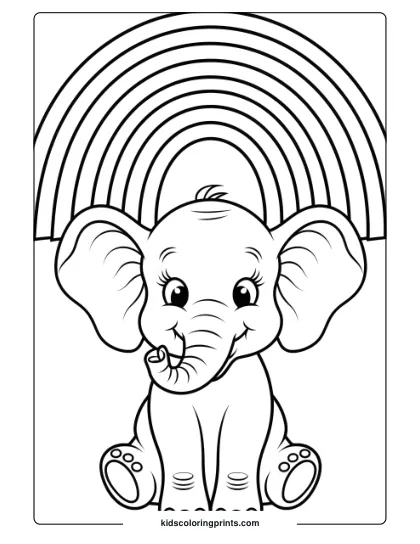 Coloring Page Of A Baby Elephant Beneath A Rainbow.