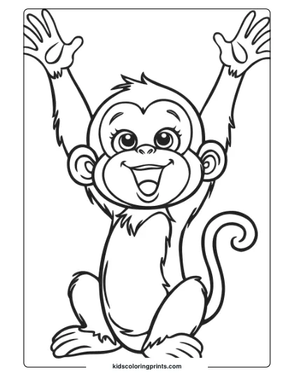 A Coloring Page With A Baby Monkey Reaching Upwards, Arms Lifted With Excitement And Joy.