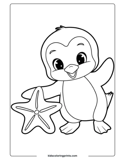 A Baby Penguin And Starfish, A Charming Ocean-Themed Penguin Coloring Page.
