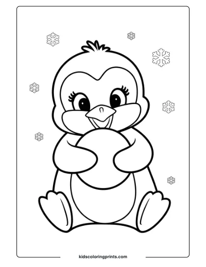A Baby Penguin With A Snowball Surrounded By Snowflakes, A Cute Winter Penguin Coloring Page.