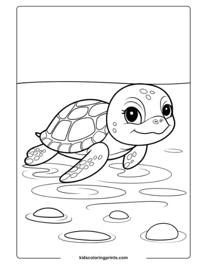 Baby Sea Turtle Coloring Page In Shallow Waters, With Intricate Shell Patterns And A Peaceful Setting.